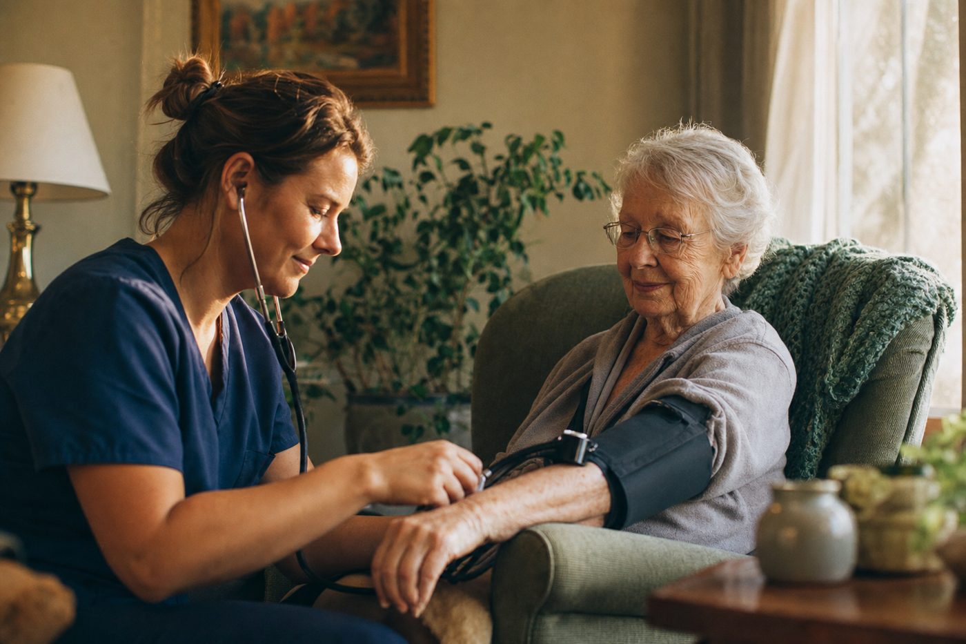 A home health nurse checking an older woman's blood pressure in her sunlit living room